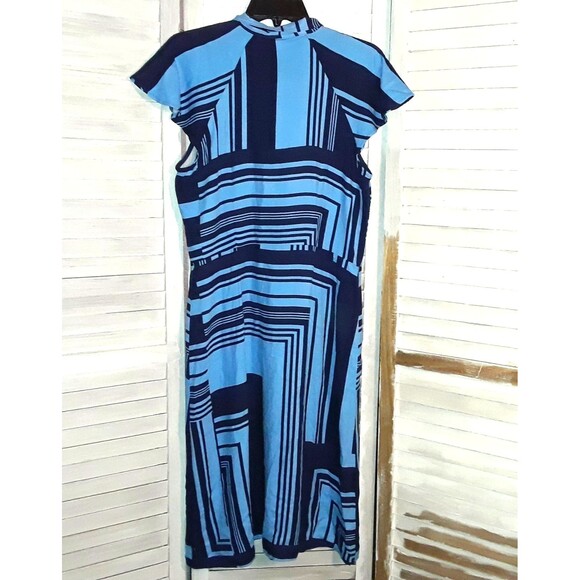 Liz Claiborne Dress Size 10P Cap Sleeve Blue Geometric MIDI Button Down - Picture 2 of 9